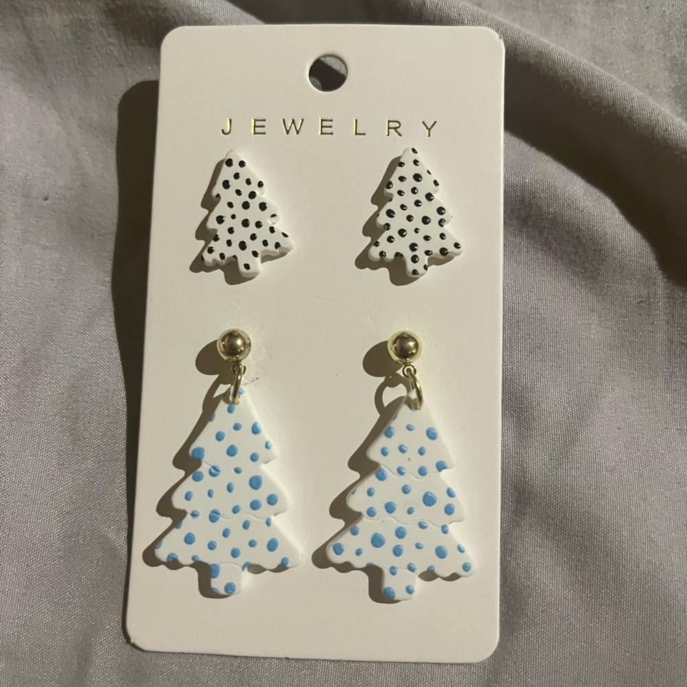 Polka Dot Christmas Tree Earrings Set
